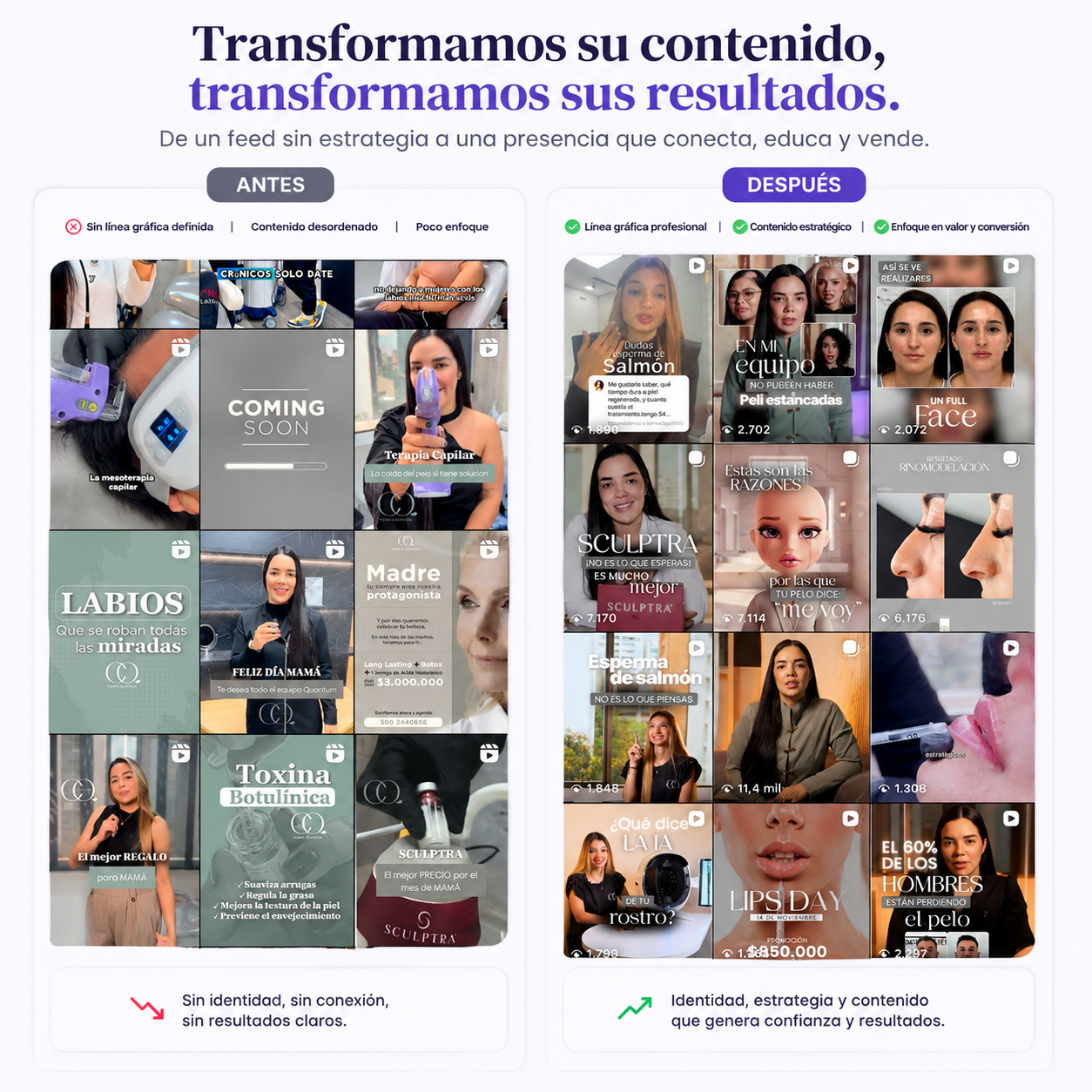 Transformación del feed de Instagram de Clínica Quantum: antes sin línea gráfica definida y después con identidad profesional y contenido estratégico