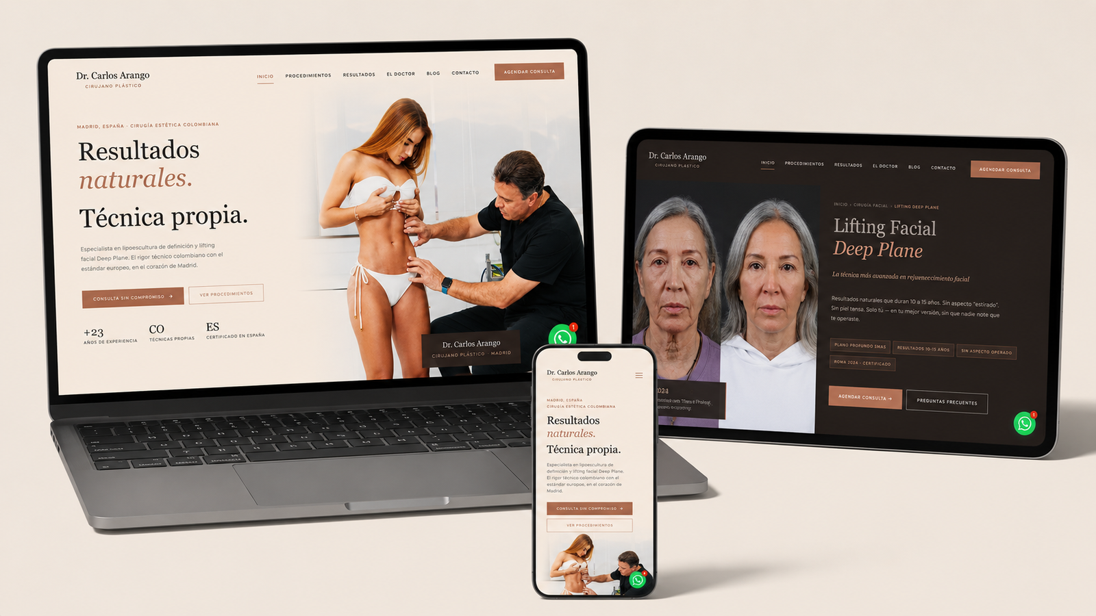Sitio web responsivo del Dr. Carlos Arango Cirugía Estética en Madrid: vista desktop, tablet y móvil con landing de Lifting Facial Deep Plane